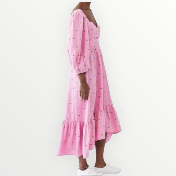 FARM Rio Pink Embroidered Pineapples Puff Sleeve Midi Dress - Picture 5 of 11